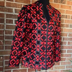Women L Retro Art-to-Wear Red Black Geometric Sheer Mesh Zip-Up Jacket Blazer